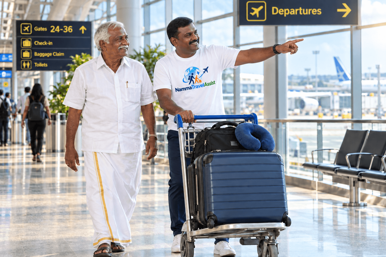 A man wearing a traditional white dhoti receiving airport guidance from a helper in a NammaTravelAssist T-shirt