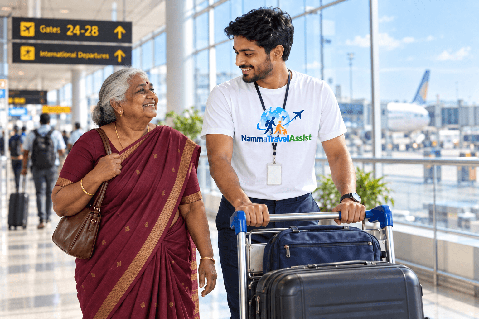 An elderly woman in a sari walking through an airport with a helper wearing a NammaTravelAssist T-shirt