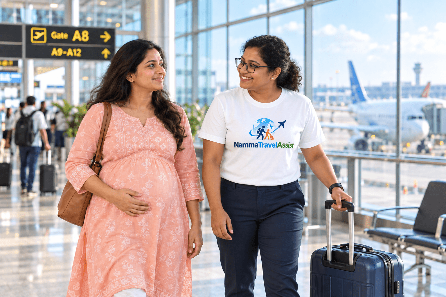 An expectant mother at an airport with a female NammaTravelAssist helper carrying her luggage
