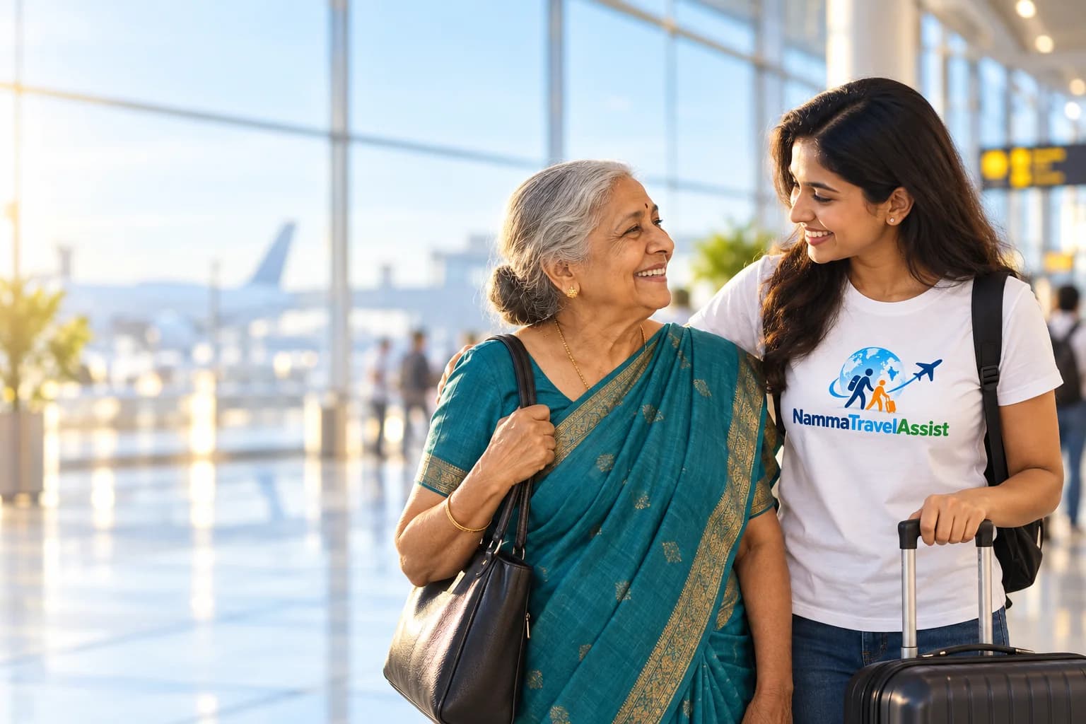 An elderly woman meeting a young adult travel companion wearing a NammaTravelAssist T-shirt in an airport